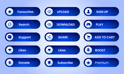 Wall Mural - web buttons collection in blue style design. Favourites, Upload, Sign Up, Search, Download, Play, Support, Share, Add to Cart, Likes, Setting, Boost, Donate, Subscribe, premium. full set of elements. 