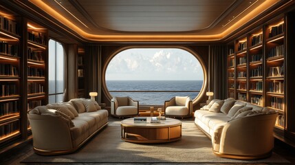 Fototapete - This cozy reading space features plush sofas, a coffee table, and extensive bookshelves, offering a stunning ocean view and a tranquil atmosphere enhanced by soft lighting.
