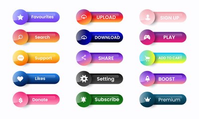 Wall Mural - web buttons collection in gradient style design. favourites, upload, sign up, search, download, play