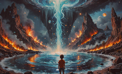 Wall Mural - a boy stands in front of a waterfall in a fantasy world. the scene is filled with fire and smoke, cr