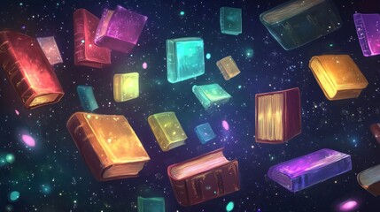 Wall Mural - Glowing books float in a starry cosmos; a vibrant, magical illustration.