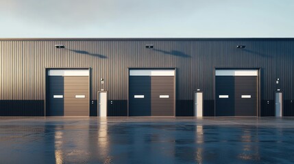 Wall Mural - Modern industrial building with three large roll-up doors and wet pavement reflecting the sunset.