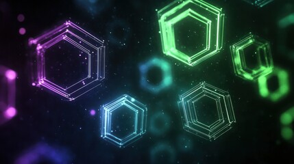 Wall Mural - Abstract glowing hexagons, colorful particles, dark background.
