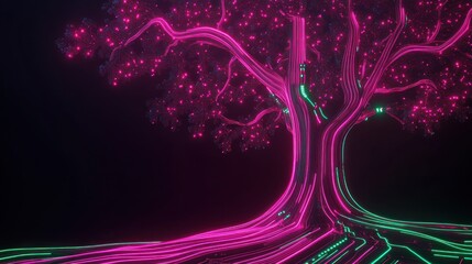 Wall Mural - Glowing neon tree with pink and teal light trails on dark background.