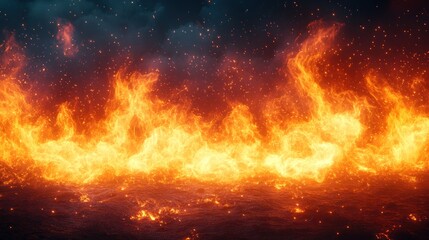 Wall Mural - fiery inferno burning intensely with sparks and smoke, creating a dramatic, dark background.