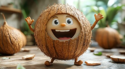 Wall Mural - Cheerful cartoon coconut character with arms raised happily.