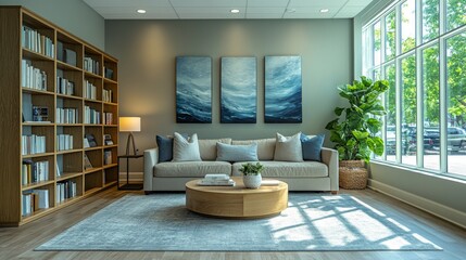 Poster - This living room showcases a comfortable sofa adorned with decorative pillows, a round coffee table, and an inviting bookshelf. The space is filled with natural light and greenery.