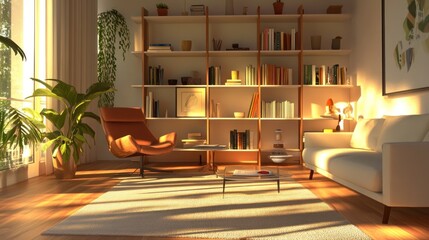 Wall Mural - Sunlit living room with modern furniture, bookshelves, and plants.