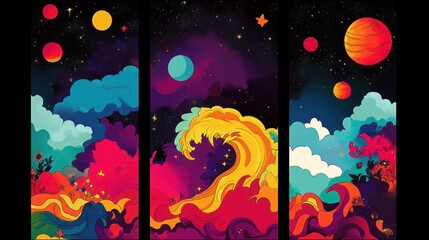 Wall Mural - Vibrant cosmic wave triptych with planets, stars, and flowers.