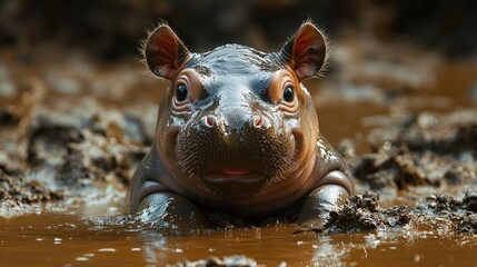 Wall Mural - Adorable baby hippopotamus submerged in muddy water, looking directly at the camera with a curious expression.