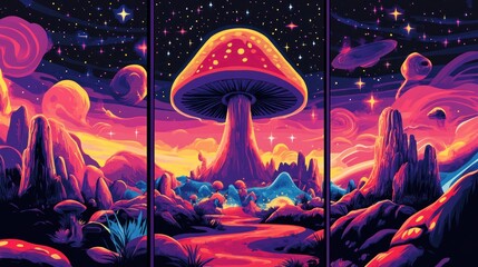 Wall Mural - Psychedelic mushroom landscape triptych, vibrant cosmic fantasy art.