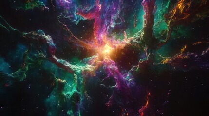 Wall Mural - Vibrant nebula with swirling cosmic clouds and bright core, showcasing a spectacular display of color and light in deep space.