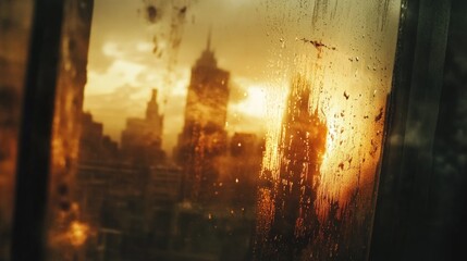 Sticker - Cityscape sunset view through a rain-streaked window.