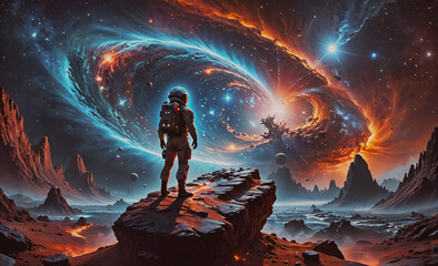 Wall Mural - a man in a spacesuit stands on a rocky surface in front of a swirling vortex. the scene is set in a 
