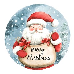 Wall Mural - Watercolor Santa Illustrations with Merry Christmas Text