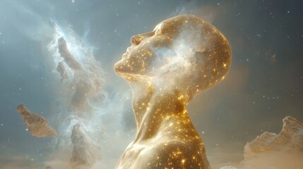 Wall Mural - Majestic molten gold figure rising amidst celestial wonders fantasy art ethereal environment captivating viewpoint of cosmic dreams