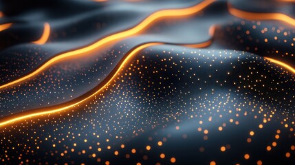 Wall Mural - Abstract glowing orange lines on dark wavy surface with particles.