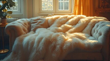 Wall Mural - Luxurious cream faux fur throw draped over a classic sofa bathed in warm sunlight near a window.