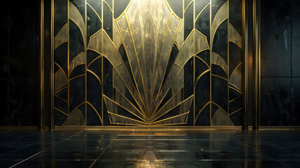 Wall Mural - a large, ornate gold and black wall with a gold leaf design. the wall is empty and the room is dark