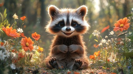 Wall Mural - Adorable cartoon raccoon sitting amidst blooming wildflowers in a sunlit forest.