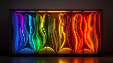 Wall Mural - Illuminated rainbow-colored book pages in a dark room, art installation.