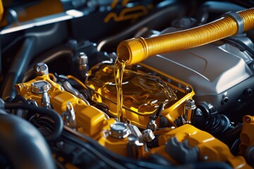 Car engine maintenance pouring yellow motor oil closeup of engine bay mechanical parts