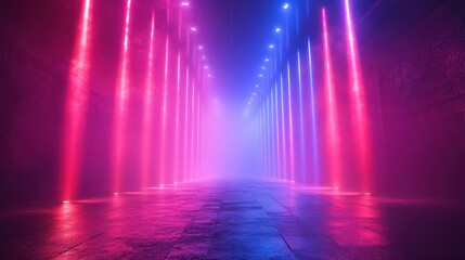 Wall Mural - Neon lights illuminate a dark, smoky alleyway with pink and blue beams.
