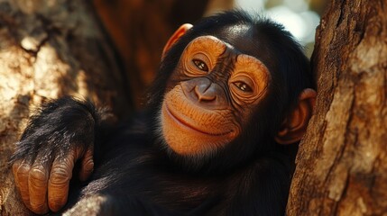 Wall Mural - Happy baby chimpanzee resting in tree.