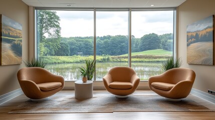 Poster - Soft beige chairs create an inviting atmosphere in this bright seating area, featuring stunning views of the serene lake and greenery outside.