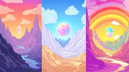 Wall Mural - Three vibrant fantasy landscapes featuring majestic mountains, serene rivers, and mystical celestial bodies.