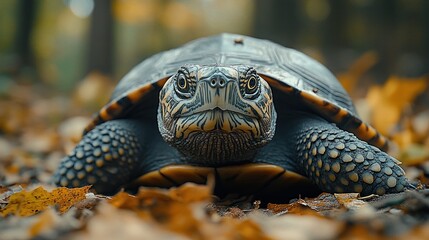 Canvas Print - Close-up of a turtle on autumn leaves.