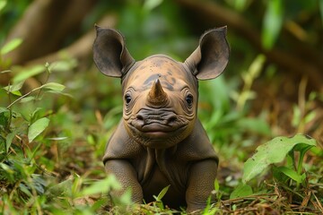 Wall Mural - Adorable baby black rhinoceros calf in lush green vegetation, looking directly at the camera.