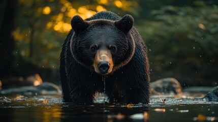 Wall Mural - Majestic black bear standing in shallow water, looking directly at the camera.