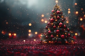 Wall Mural - Christmas tree with red ornaments on sparkling red ground, illuminated by warm lights and bokeh.