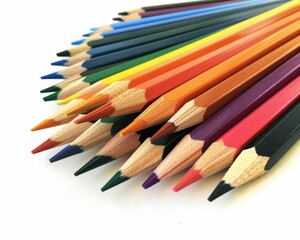 A vibrant array of colored pencils arranged in a fan shape, showcasing a spectrum of colors on a white background.