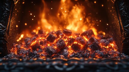 Poster - Glowing embers and flames in a fireplace.