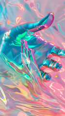 Wall Mural - A hand is shown in a colorful, iridescent light. The hand is surrounded by a shimmering, rainbow-colored water. Concept of wonder and magic, as if the hand is floating on a dreamlike surface