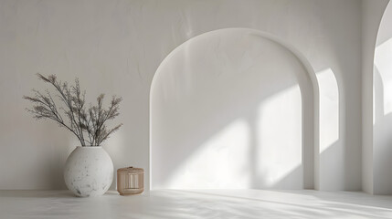 Wall Mural - A white room with a vase of flowers and a basket on the floor. The room is empty and has a minimalist feel