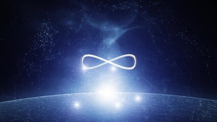 Wall Mural - infinty symbol looping on a glow digital cyberspace lines dots animation.