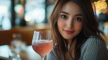 Portrait of Beautiful asia Woman drink Champagne