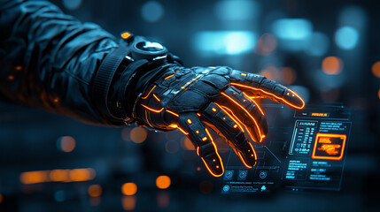 Aufkleber - futuristic cybernetic hand with glowing orange accents interacts with holographic interface, showcasing advanced technology and innovation in digital environment