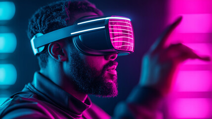 Poster - man wearing futuristic VR headset interacts with vibrant digital environment, showcasing advanced technology and immersive experiences