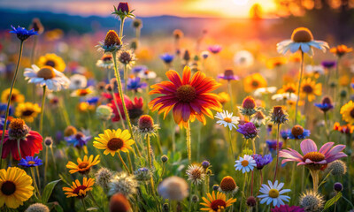 Wall Mural - summer meadow flowers on the background of the setting sun