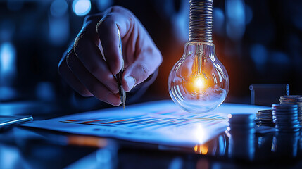Poster - financial expert analyzing data with light bulb illuminating chart, symbolizing innovative ideas and insights in finance. scene conveys sense of inspiration and creativity