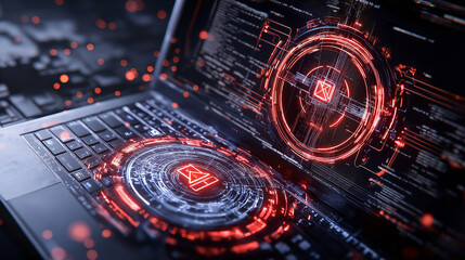 Leinwandbilder - Futuristic laptop displaying advanced AI algorithms with glowing red graphics, showcasing technology and innovation in digital environment