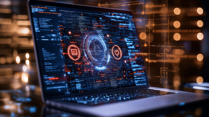 Aufkleber - cinematic 8K view of laptop displaying AI algorithm with data visualizations, showcasing technology and innovation in digital environment