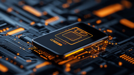 Poster - conceptual illustration of smartphone on circuit board, showcasing blockchain technology with glowing orange elements. design emphasizes innovation and digital connectivity