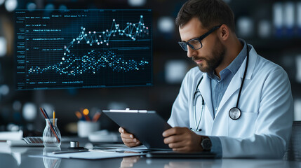 Poster - Scientist analyzing data on tablet in modern laboratory setting, showcasing advanced technology and research. atmosphere is focused and professional