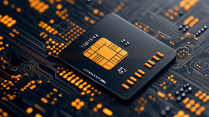 Leinwandbilder - close up view of futuristic microchip on circuit board, showcasing intricate patterns and vibrant orange details. This represents advanced technology and innovation