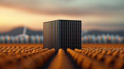Aufkleber - high resolution image of data center surrounded by solar panels and wind turbines, showcasing renewable energy technology in modern landscape